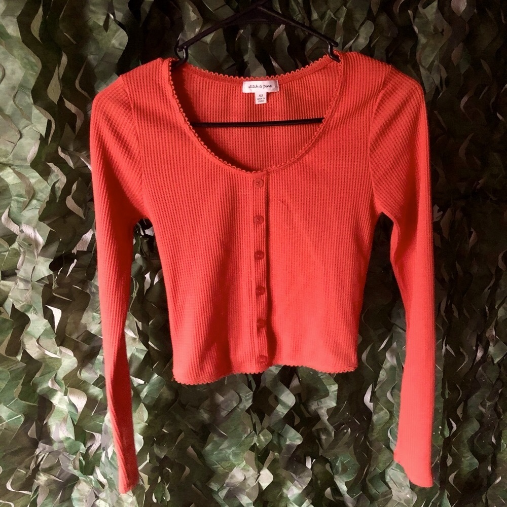 Orange Cropped Long Sleeve Button Down Shirt